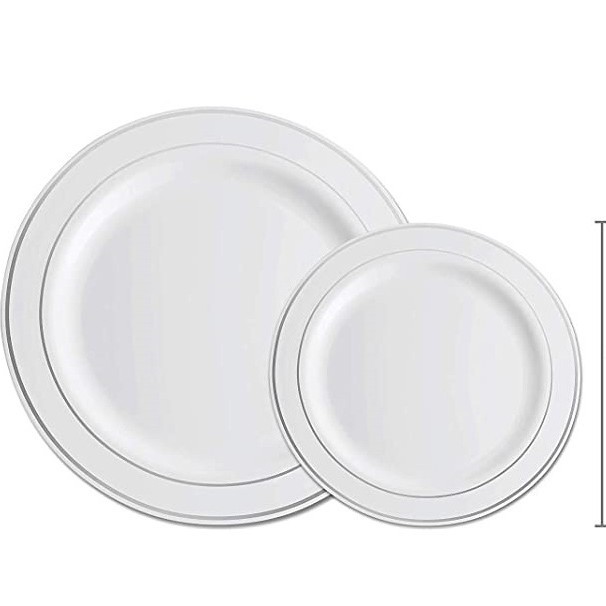 Plato desechable transfronterizo 7.5 9 10.25 pulgadas Plato de plástico con fondo negro y Phnom Penh Plato alimenticio dorado PS