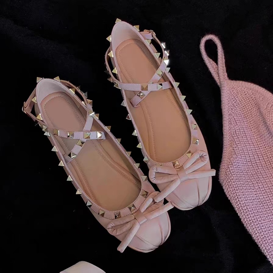 5025 New Style Silk Vintage Rivet Flats for Women, Shallow Mouth, Color-Blocking Bow, Flat Versatile Ballet Shoes for Women