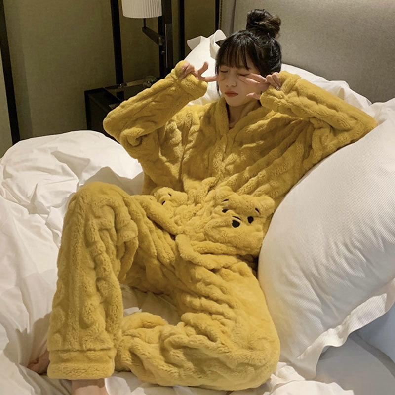 [반 시즌 스트레이트 다운] 산호 양털 파자마 여성은 가을과 겨울 플란넬 봄 홈 의류 세트 착용 가능