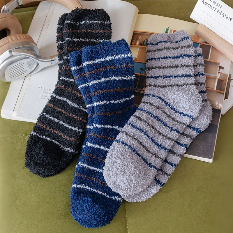 Men Plaid Striped Socks Autumn Winter Warm Soft Stuffed Plaid Fluffy Mid Tube Socks