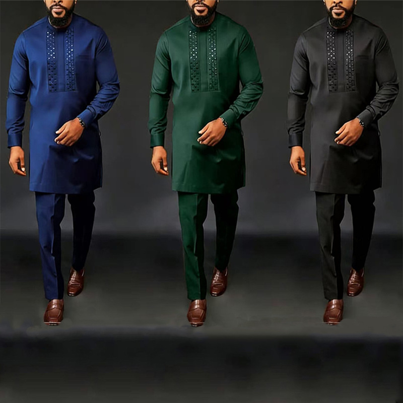 New African Traditional Ethnic Style Wedding Banquet Men's Casual Long-Sleeved Solid Color Beaded Shirt and Pants Set