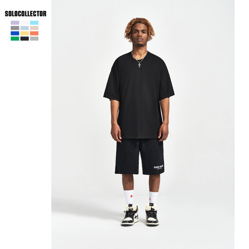 Trendy brand men's 240G double yarn pure cotton short-sleeved men's solid color FOG loose men's heavy off-shoulder T-shirt 2024 new style