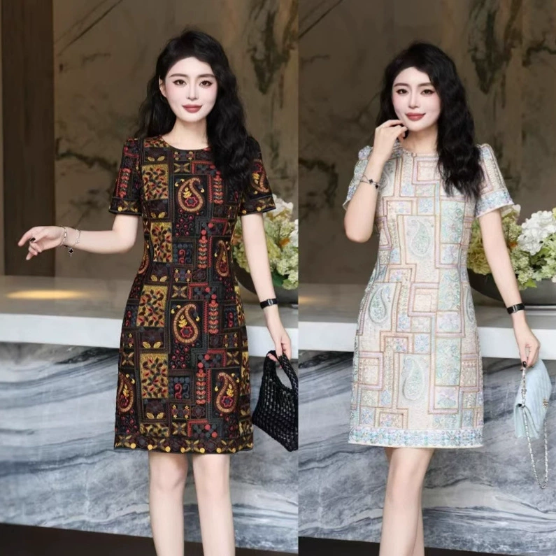 Летнее платье Nanyou 2025 года, элегантное, из плотной ткани, с тисненым жаккардовым узором в клетку, с короткими рукавами.