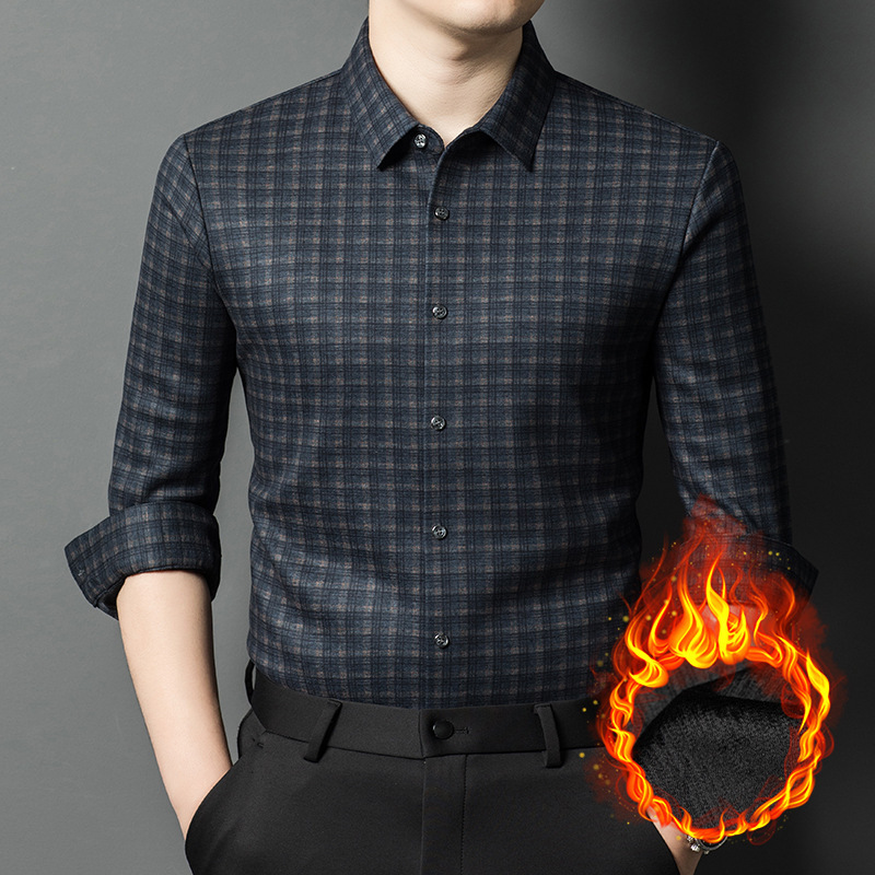 Winter High-End Velvet Shirt Men's Plaid Business Casual Cashmere Middle-Aged Dad No-Iron Anti-Wrinkle Formal Shirt