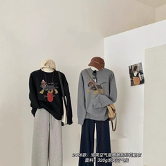 美式复古印花斜肩卫衣女秋冬宽松上衣小狗印花长袖设计感休闲卫衣