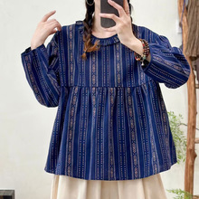 日韩女装新款森女系提花花边圆领宽松套头长袖衬衫女衬衣