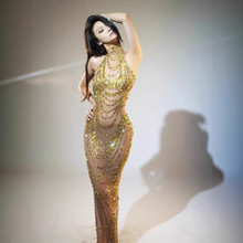 跨境奢华烫钻生日派对礼服网纱透视长裙明星时尚舞台演出连衣裙