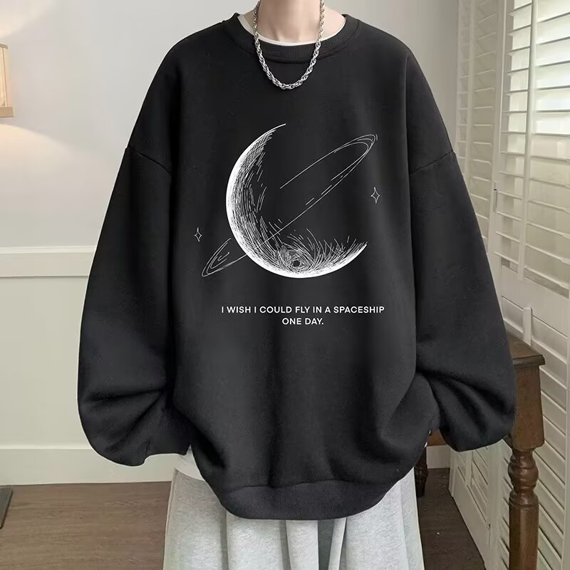 Personalized Moon Print Sweater Men's Autumn And Winter Hoodless Crew Neck Jacket Top Casual Long-sleeved Bottoming Shirt Tide_viptrois.com