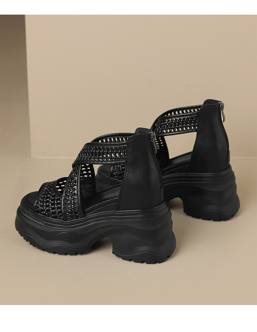 Sandal cao gót La Mã dệt quai ngang đế nêm hở mũi gót 12 cm — Màu vàng trắng, Màu đen, Màu trắng bạc chi tiết 18