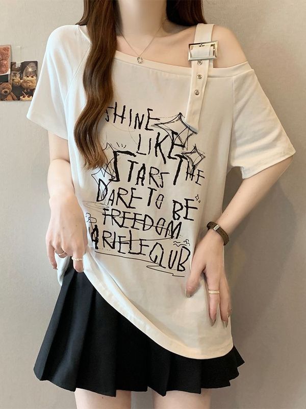 新款纯棉美式辣妹斜肩短袖t恤女夏季设计感露肩甜酷宽松显瘦上衣|undefined