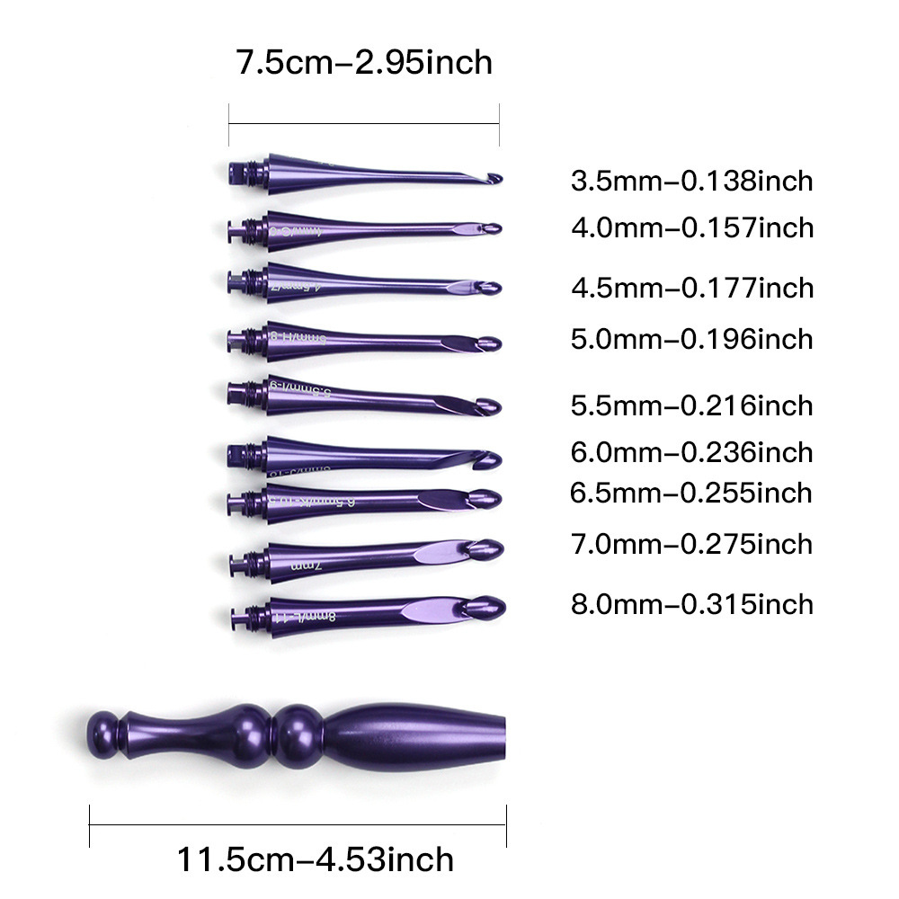Herramientas de tejido transfronterizas de alúmina púrpura pulido a mano ganchillo ergonomía ganchillo 9 conjuntos