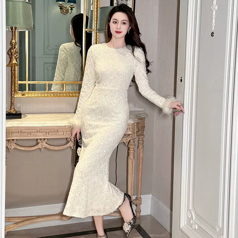 亮片礼服裙2025秋装新款女法式气质圆领修身蕾丝鱼尾连衣裙15338
