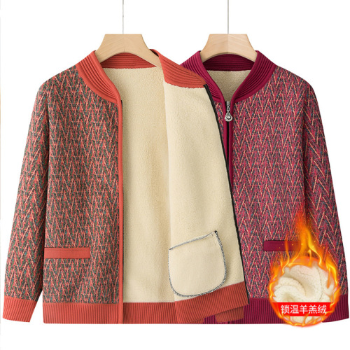Women's Wool Coat Sweater for Middle-Aged and Elderly, with Fleece Open Shirt for Grandmothers, Thick 60-Year-Old Autumn/Winter Top