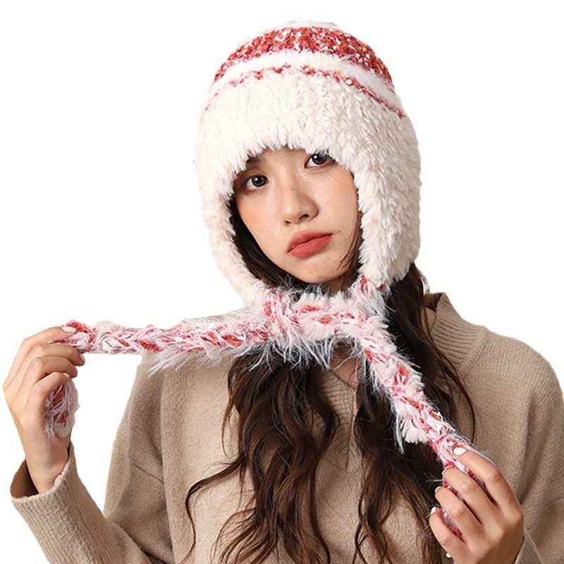 Cappello di lana lavorato a maglia con lacci colorati per donna autunno inverno nuovo caldo protezione per le orecchie e fascia per la testa a strisce colorate_voghion.com