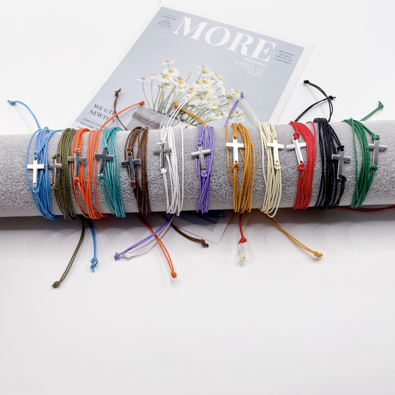 European and American cross-border wax thread woven bracelet waterproof wax men's and women's friendship bracelet Beach surfing cross bracelet European and American cross-border wax thread woven bracelet waterproof wax men's and women's friendship bracelet Beach surfing cross bracelet
