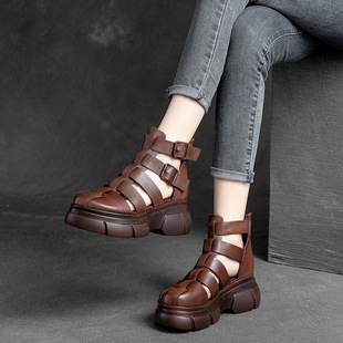Shanghai Jie shu summer new platform sandals Velcro round toe cowhide casual Martin Roman style sandals all-matching