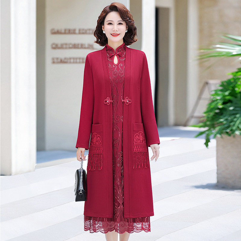 中老年妈妈喜服气质两件套高端喜婆婆婚宴秋装长袖蕾丝连衣裙套装|undefined