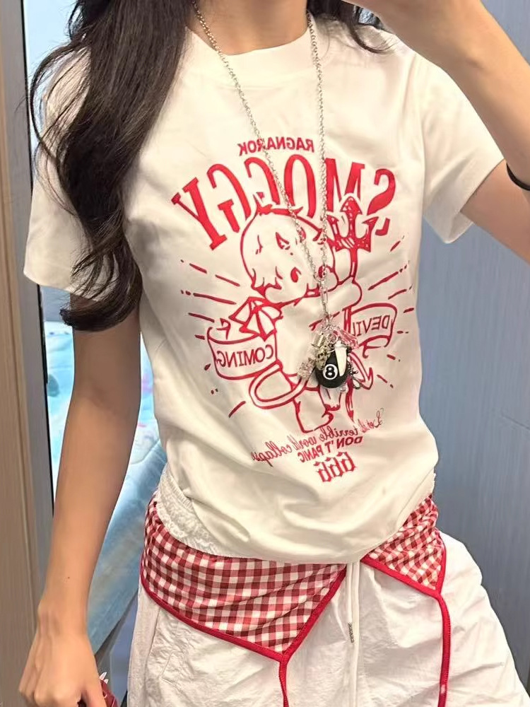 American Retro Style Right Shoulder Letter Cartoon Character Print Design Short-Sleeve T-Shirt Fashion Versatile Casual Top T-Shirt