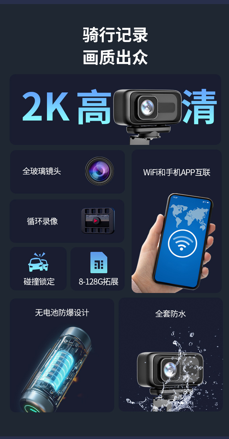 Cross-Border Portable Cycling Recorder Motorcycle Electric Vehicle Bicycle Sports Camera 2Kwifi Waterproof and Anti-Shake