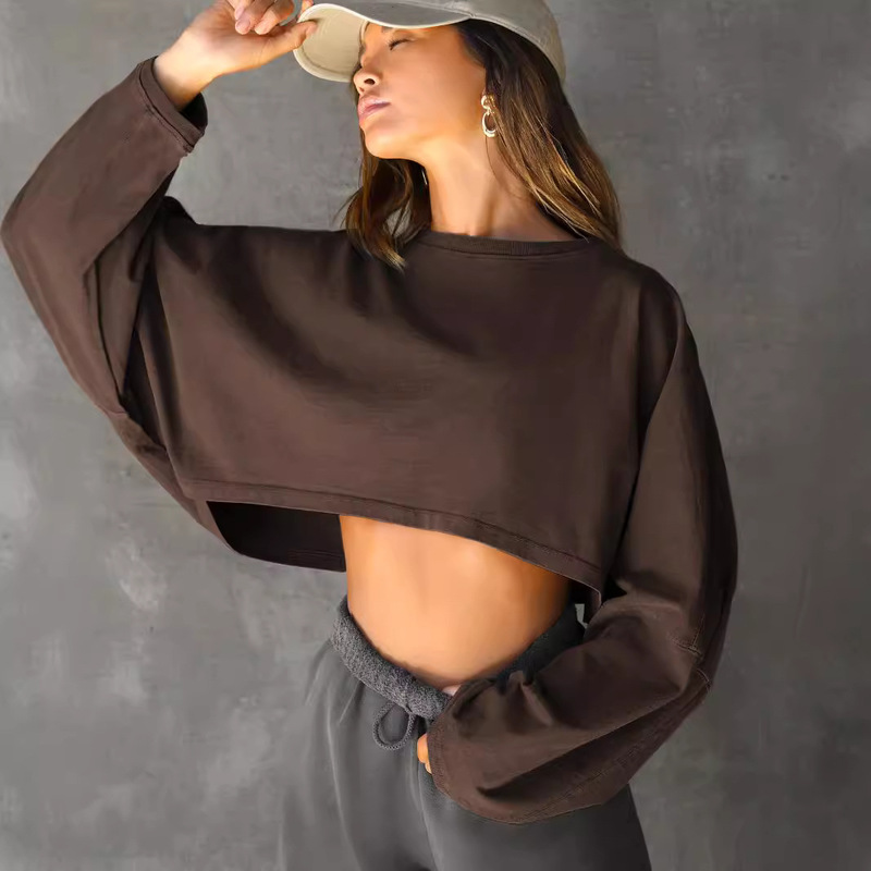 2026 Cross-Border Cropped Round-Neck Sweatshirt European and American Women's Short Sports Base Shirt T-Shirt Knit Long-Sleeve Top