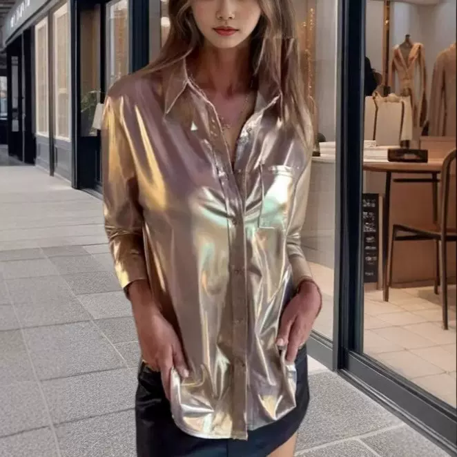 2025欧美跨境春季爆款女装独立站速卖通休闲绒皮流光时尚翻领衬衫