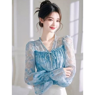 French-Style Fairy-Like Ruffled Blue Floral Chiffon Blouse for Women, New Unique and Super Pretty Tie-Up Top for Spring