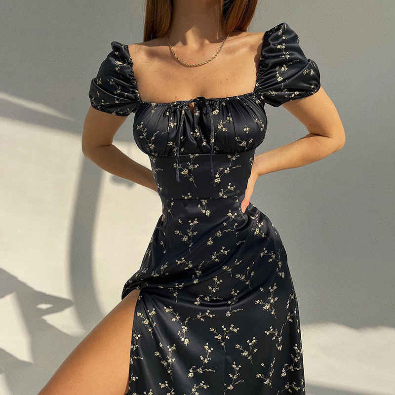 floral printed square collar knotted slit dress NSAFS118938