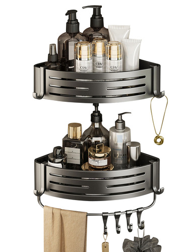 Hole-free gun ash bathroom shelf double-layer triangular wall-mounted toilet bathroom space aluminum toilet corner bathroom storage