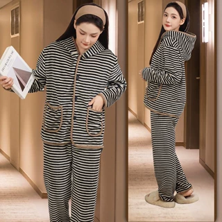 秋冬新款珊瑚绒条纹睡衣套装女保暖时尚加绒加厚可外穿连帽套装女