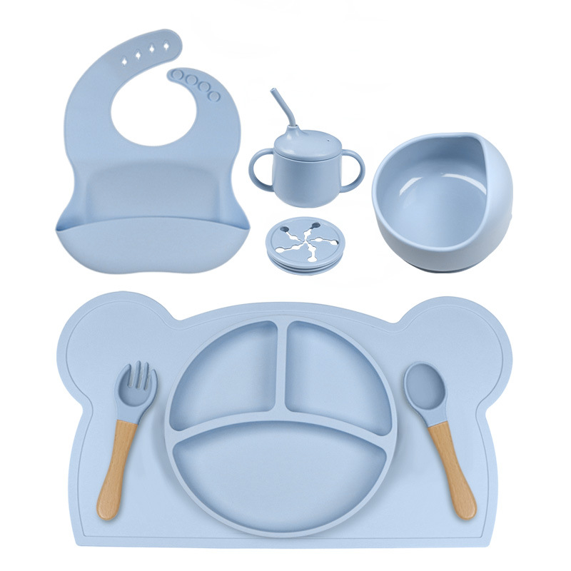 블루 8 피스 베어 플레이스 매트 나무 손잡이 포크 스푼