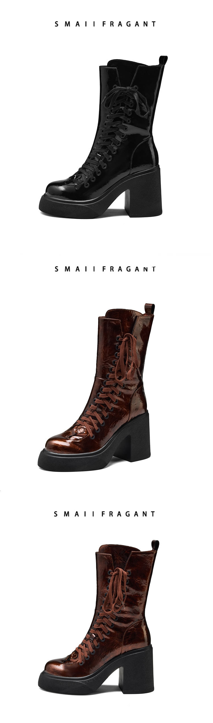 Boot nữ cổ ngắn đế dày 10 cm dây buộc mũi tròn khóa kéo bên — nhung đen chi tiết 14