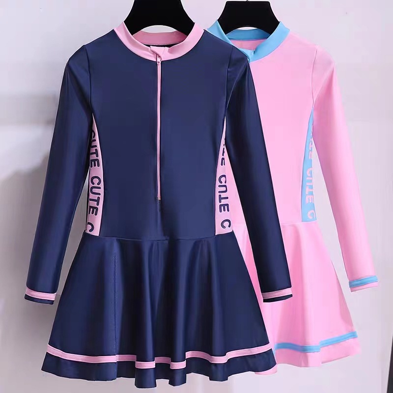 Children's swimsuit girls' long short-sleeved one-piece girl's new small medium and big children's cute princess dress baby hot spring swimsuit