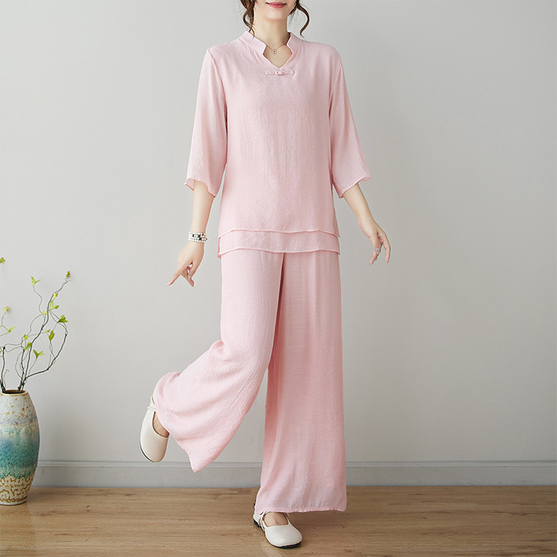 新しい夏の新しいエスニックスタイルの禅瞑想トレーニング服ツーピースセット中国風ヨガヒーリング服瞑想茶服|undefined