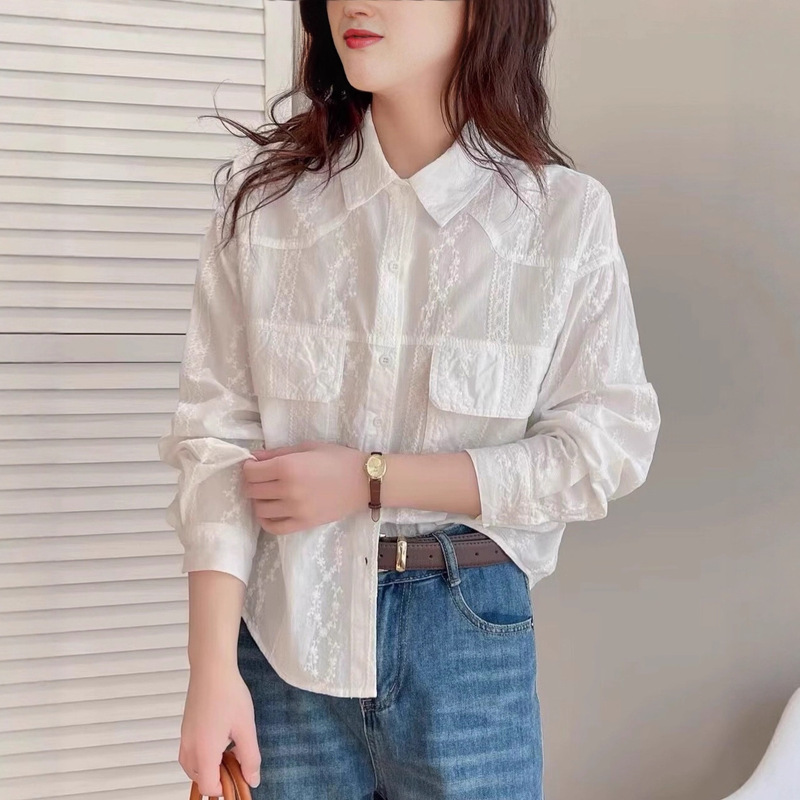 韩版气质V领刺绣单排扣长袖衬衫女 2025秋季新款休闲宽松显瘦上衣|undefined