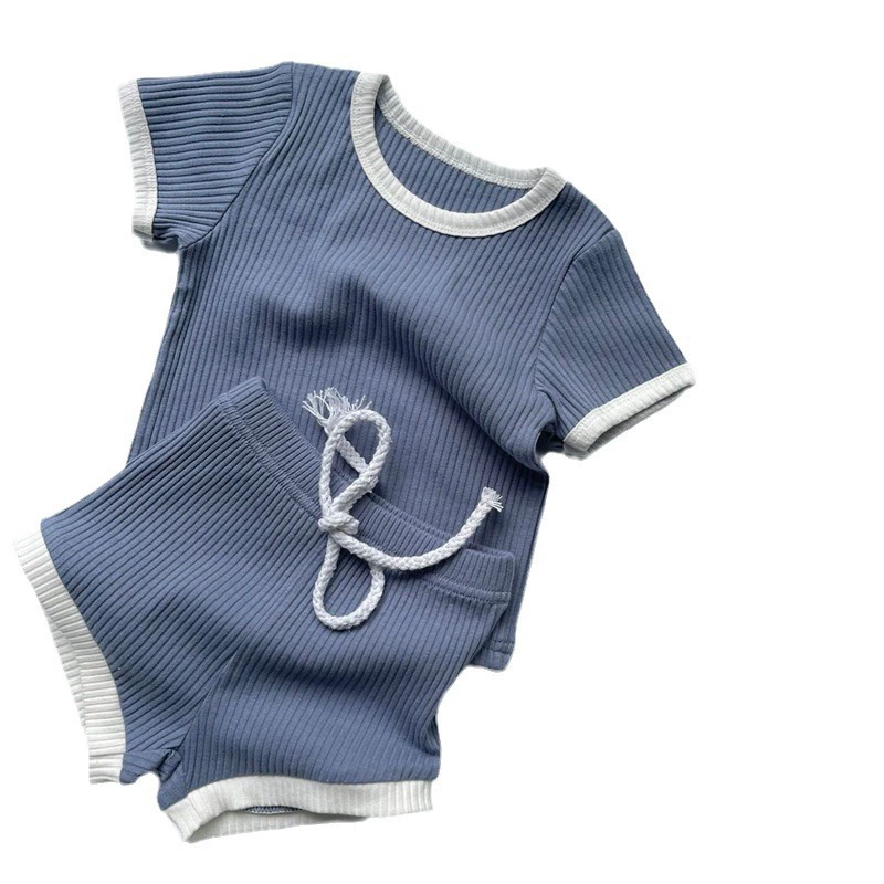 Brand tape with a round collar, cotton shorts, refreshing set for men and women girl's, Korean style, with short sleeve