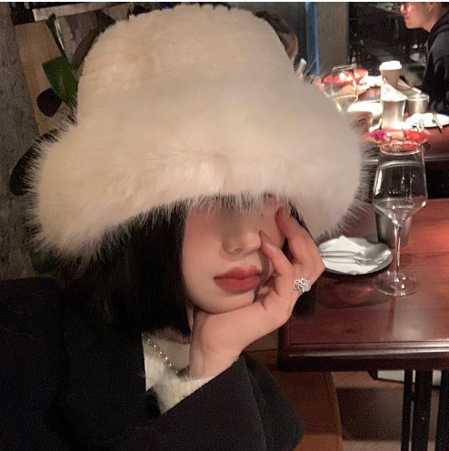 Porridge Cocoa Plush Hat for Girls - Winter Large Brim Fisherman Hat with Thick Warm Pot Hat, Cold Protection Ear Cover Hat