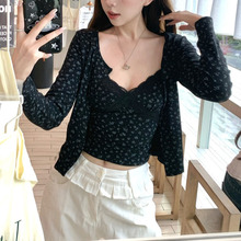 辣妹套装碎花长袖开衫外套女秋季新款内搭蕾丝花边吊带背心两件套