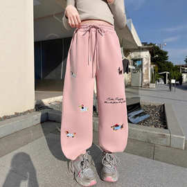 女童春秋款卫裤2025新款时尚休闲裤大童女孩腊肠狗刺绣运动阔腿裤