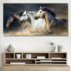 高清单幅三匹奔跑的马画客厅装饰画 背景墙壁画横款卧室床头挂画