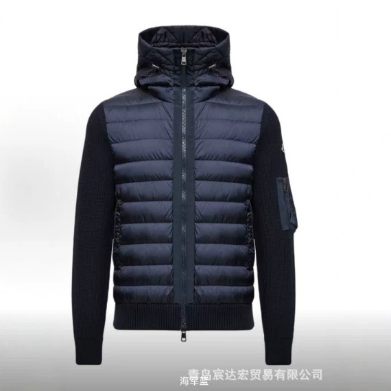 New cross-border Mengjia knitted patchwork down jacket for men, hooded, autumn and winter, with elastic knitted sleeves, not bulky