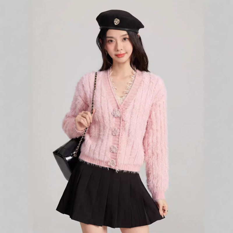 Soft and Fluffy Pink Knitted Sweater for Women, Versatile for Spring and Autumn, V-Neck Pullover with Long Sleeves, Slimming and Gentle Style, Fashionable and Popular for Outerwear
