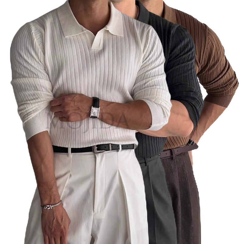 Cross-Border Popular European Size Large Size Long-Sleeved Knitwear Men's Polo Shirt V Neck Business T-Shirt Autumn and Winter Factory Wholesale