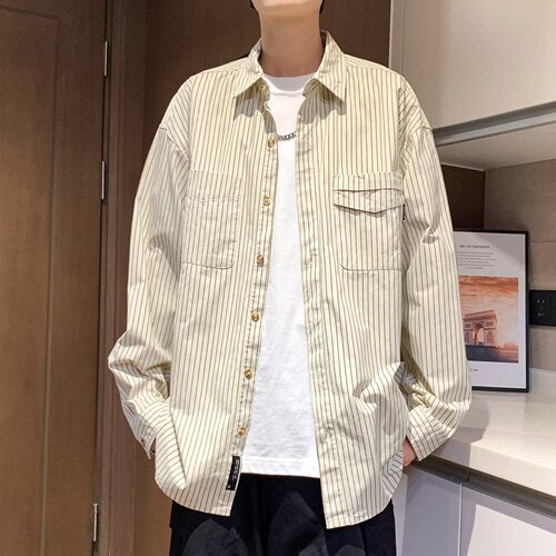Minimalist Retro Vertical Striped Long-Sleeve Shirt for Men, Spring Versatile Open Shirt, Stylish Casual Student Loose Collar Shirt Outerwear