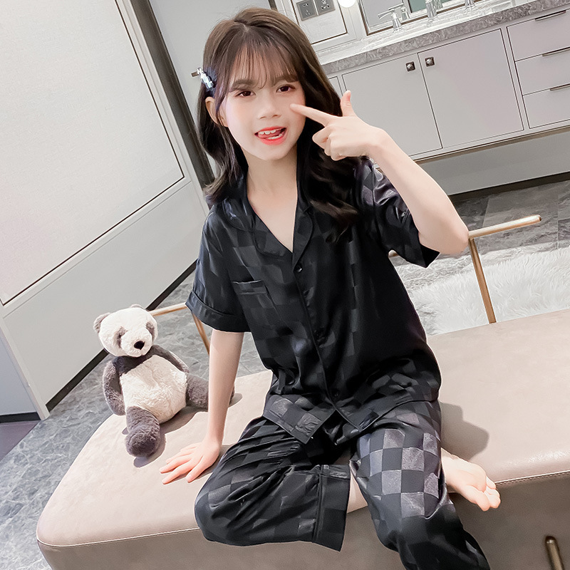 Girls' Ice Silk Pajama Set Plaid Loungewear 2026 Korean Style New Trendy Casual Wear for Older Children Wholesale