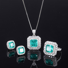 莊生生珠寶S925通體銀仿木佐綠祖母綠色滿鑽吊墜戒指耳釘套裝主