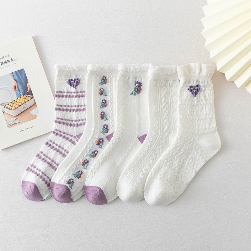 White Socks Women's Japanese jk Socks Mid-length Socks White Lace Socks Spring Autumn and Winter Stacks Purple Socks Bubble Socks