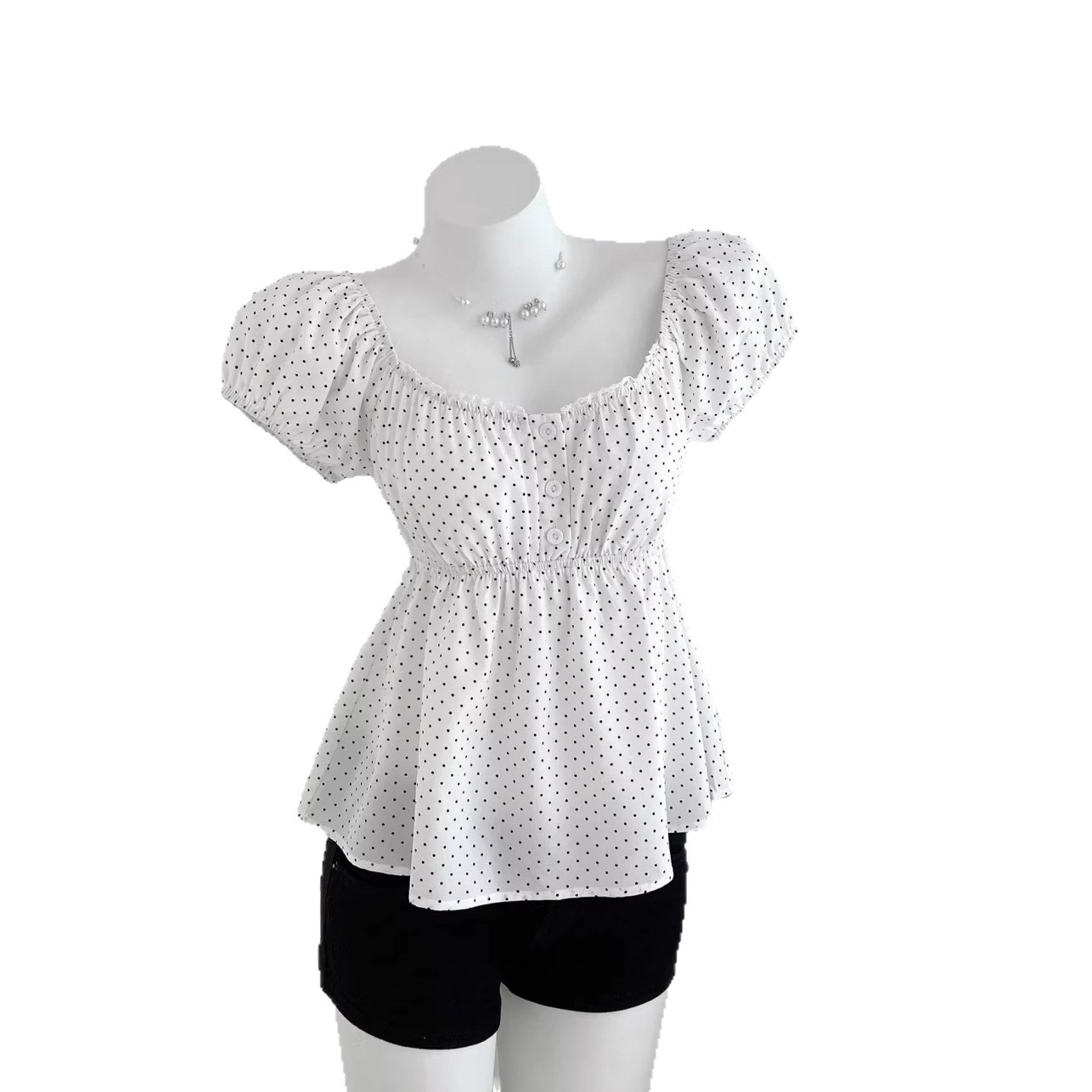 Women's Summer Elegant French Style Waist Cinching Short Sleeve Square Neck Polka Dot Shirt_ecoleips.com