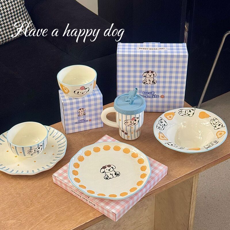 2025 Autumn New Cute Healing Dalmatian Milk Fufu Tableware Rice Bowl Shallow Plate Soup Plate Cup Factory Wholesale