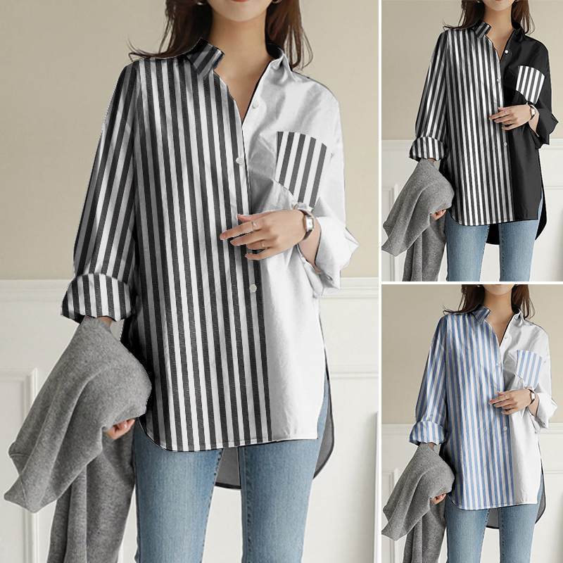 Office Women's Spring Lapel Patchwork Top European and American Cross-Border Casual Long-Sleeved Women's Top 2025 Large Shirt