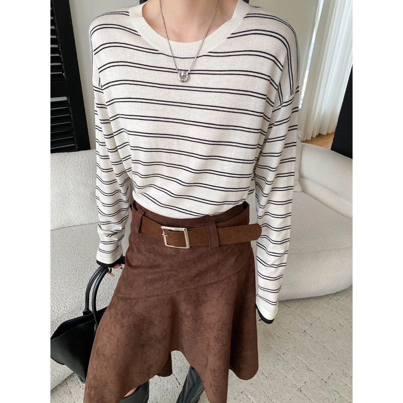 Sinan Autumn New Style Wool Lazy Contrast Color Striped Loose Slimming Round Neck Knitted Sweater Sn9410